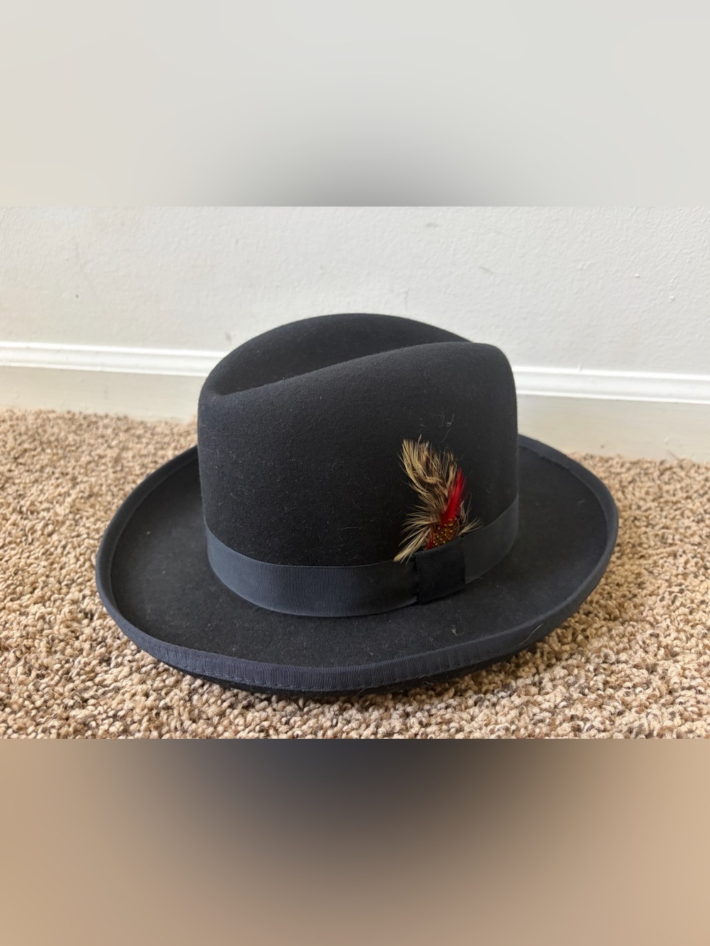 Capas Design Godfather Hat Large Black 100% Wool Feather Trim Made in USA Mens